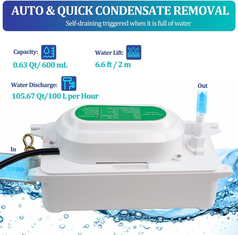 Drphiru Condensate Pump, 6.6 ft/2 m Lift, 110V, 5W AC, 100 L/H Flow, Air Conditioner, Commercial Ice Makers, White - Image 3